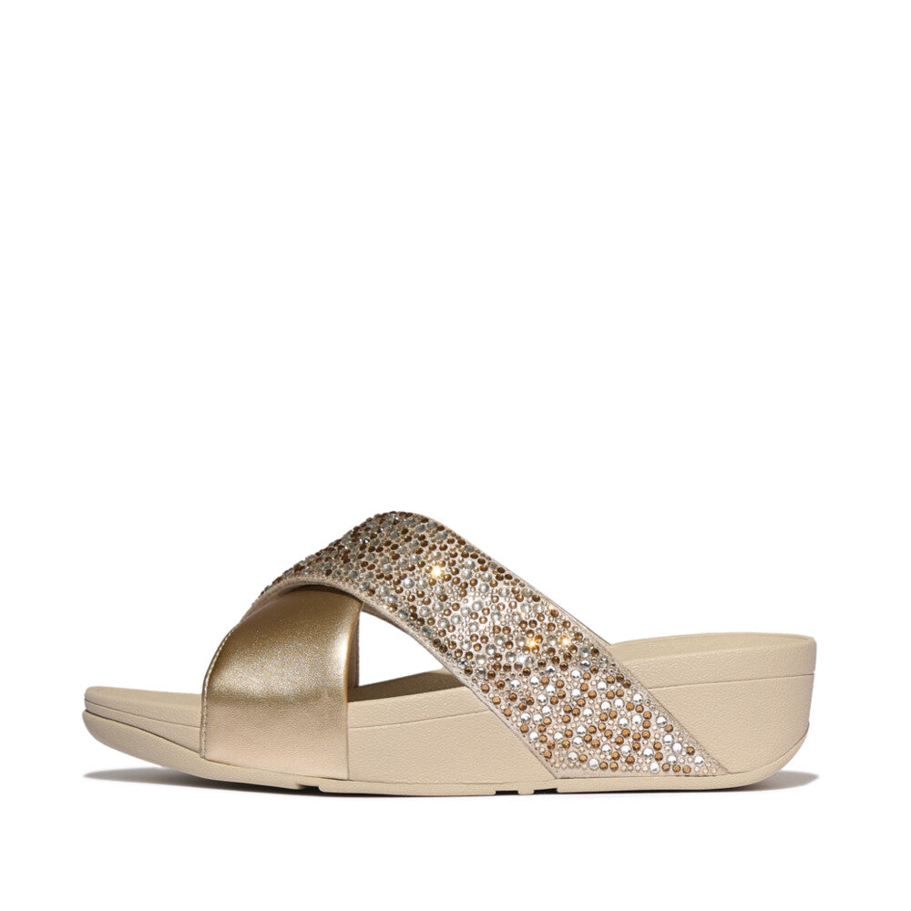 LULU CRYSTAL-MIX METALLIC CROSS SLIDES