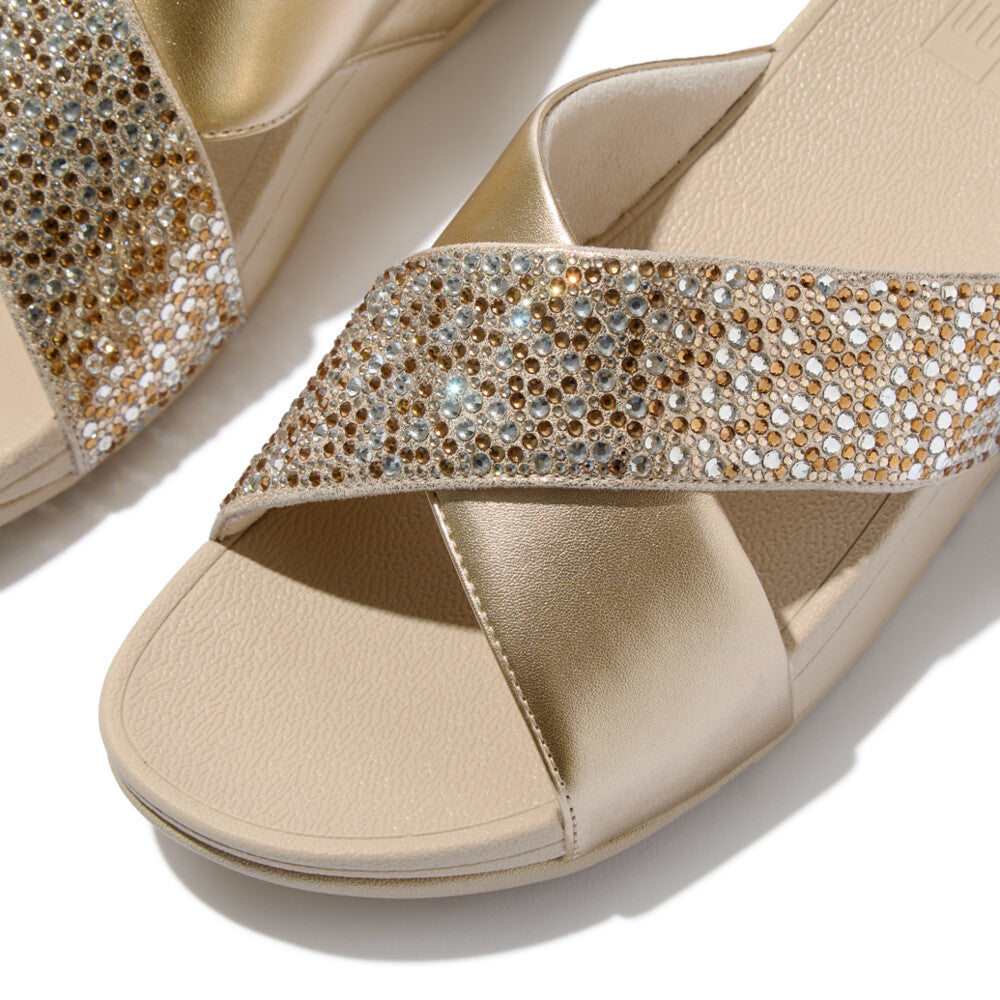 LULU CRYSTAL-MIX METALLIC CROSS SLIDES