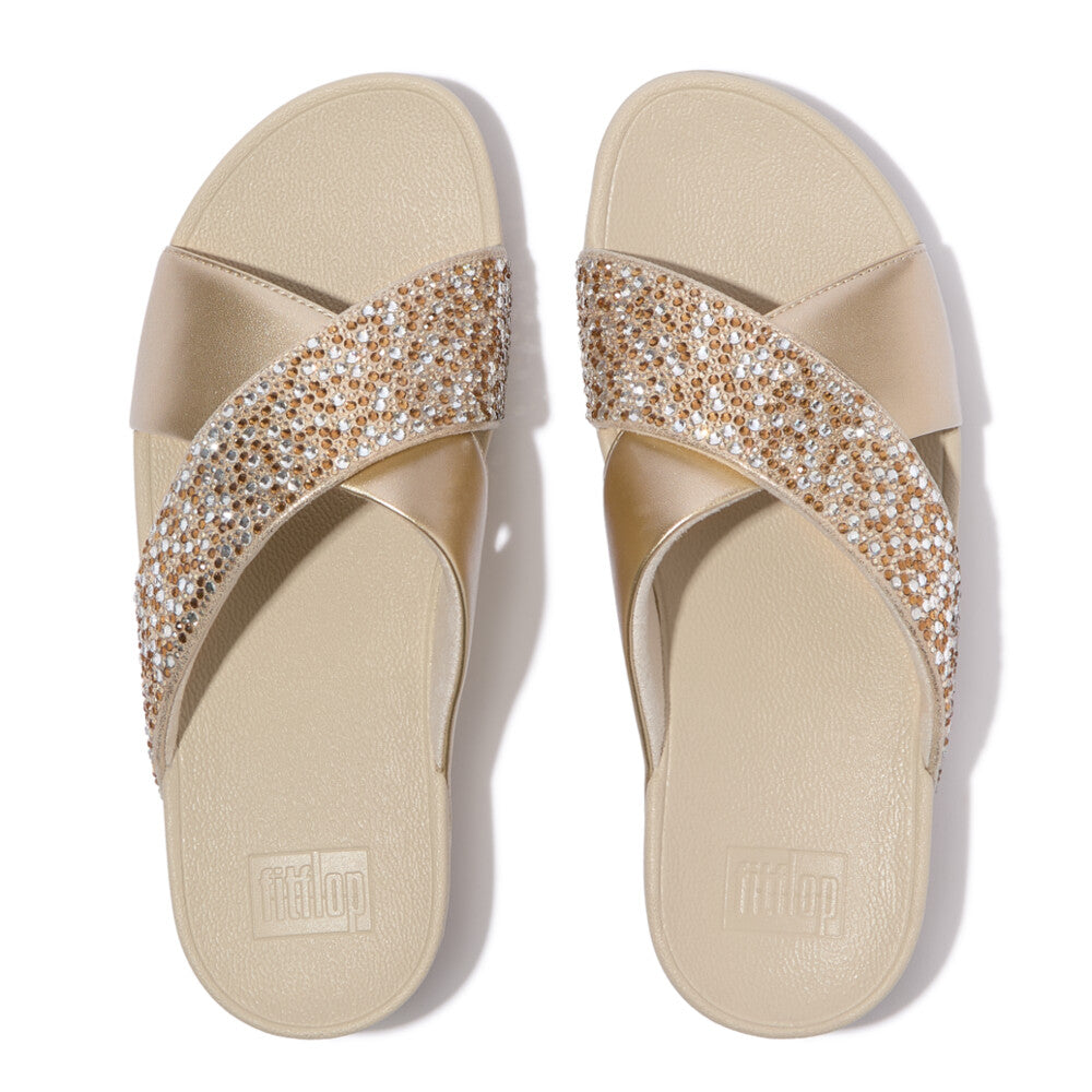 LULU CRYSTAL-MIX METALLIC CROSS SLIDES