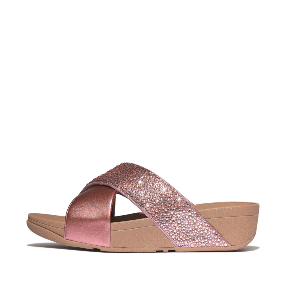LULU CRYSTAL-MIX METALLIC CROSS SLIDES