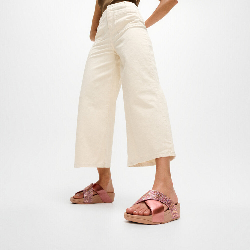 LULU CRYSTAL-MIX METALLIC CROSS SLIDES