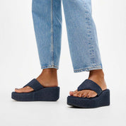PLATFFORMS DENIM WEDGE TOE-POST SANDALS