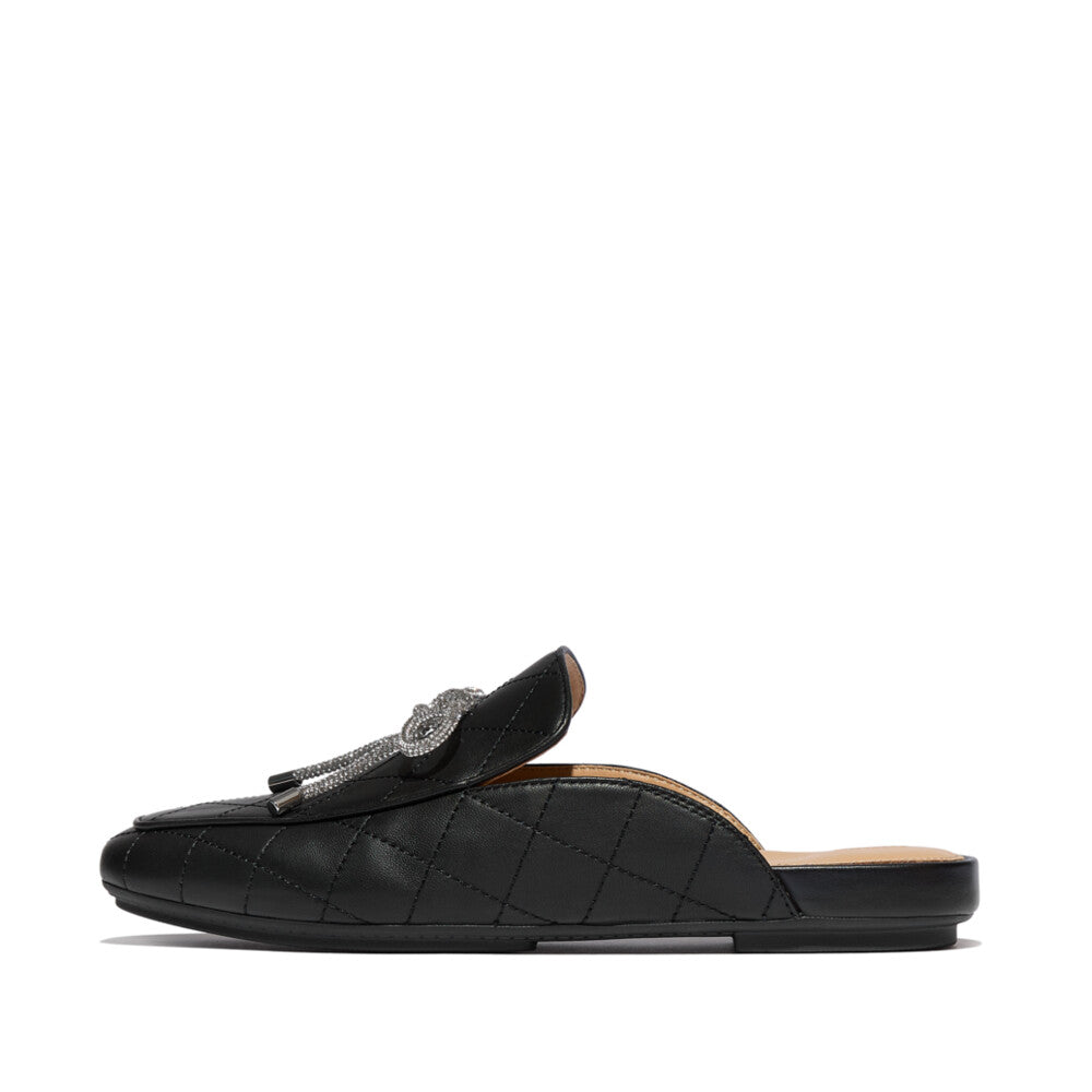 DELICATO CRYSTAL-BOW QUILTED-LEATHER MULES - ALL BLACK (E3F-090)