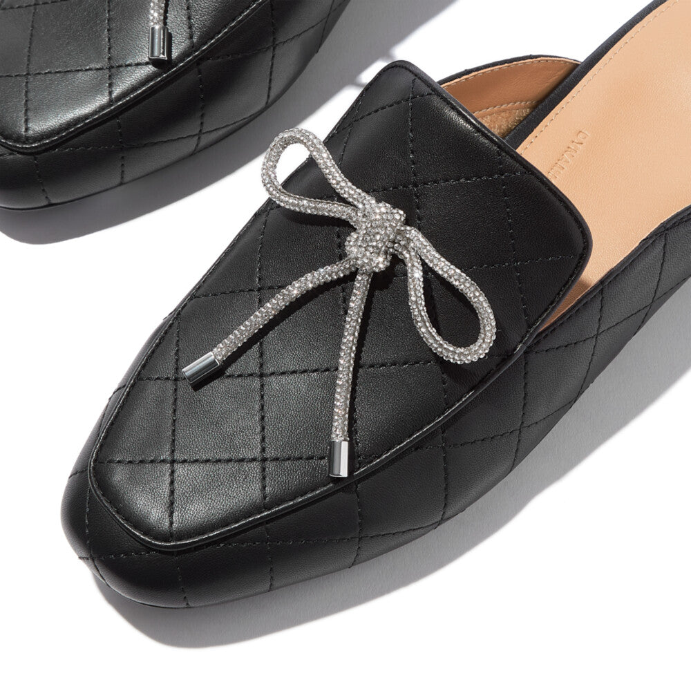 DELICATO CRYSTAL-BOW QUILTED-LEATHER MULES - ALL BLACK (E3F-090)