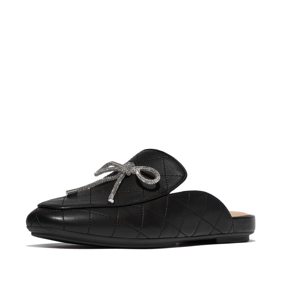 DELICATO CRYSTAL-BOW QUILTED-LEATHER MULES - ALL BLACK (E3F-090)