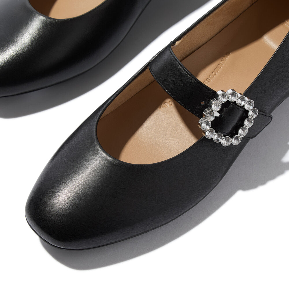 DELICATO CRYSTAL-BUCKLE LEATHER MARY JANES- BLACK