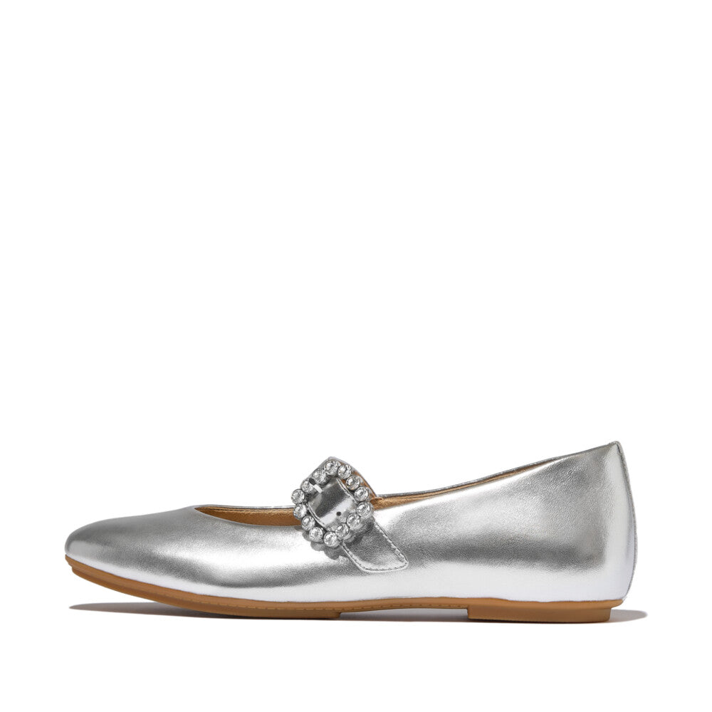 DELICATO CRYSTAL-BUCKLE LEATHER MARY JANES-SILVER