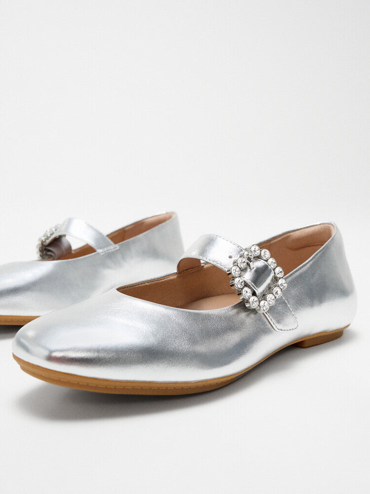 DELICATO CRYSTAL-BUCKLE LEATHER MARY JANES-SILVER