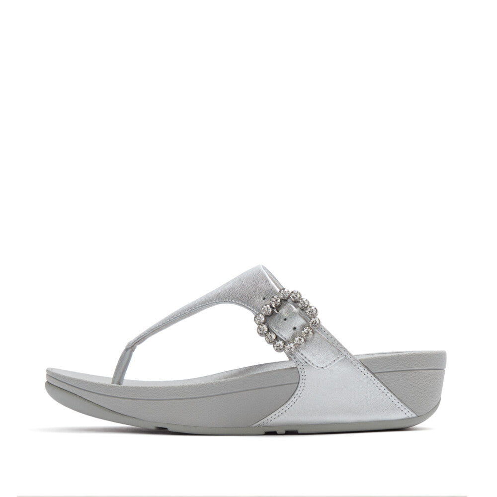 LULU CRYSTAL-BUCKLE LEATHER TOE-POST SANDALS