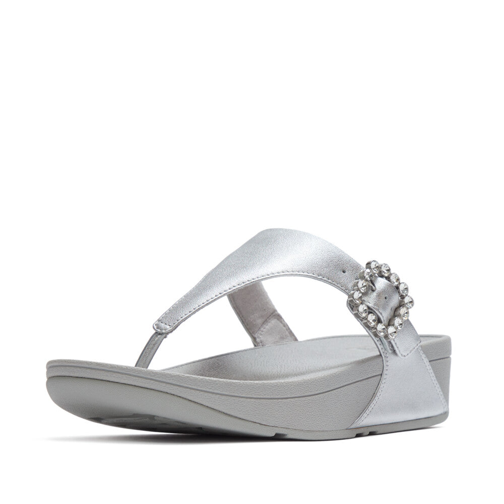 LULU CRYSTAL-BUCKLE LEATHER TOE-POST SANDALS