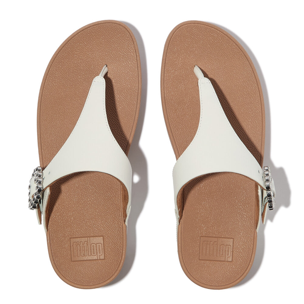 LULU CRYSTAL-BUCKLE LEATHER TOE-POST SANDALS