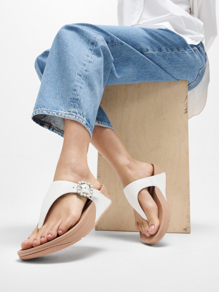 LULU CRYSTAL-BUCKLE LEATHER TOE-POST SANDALS