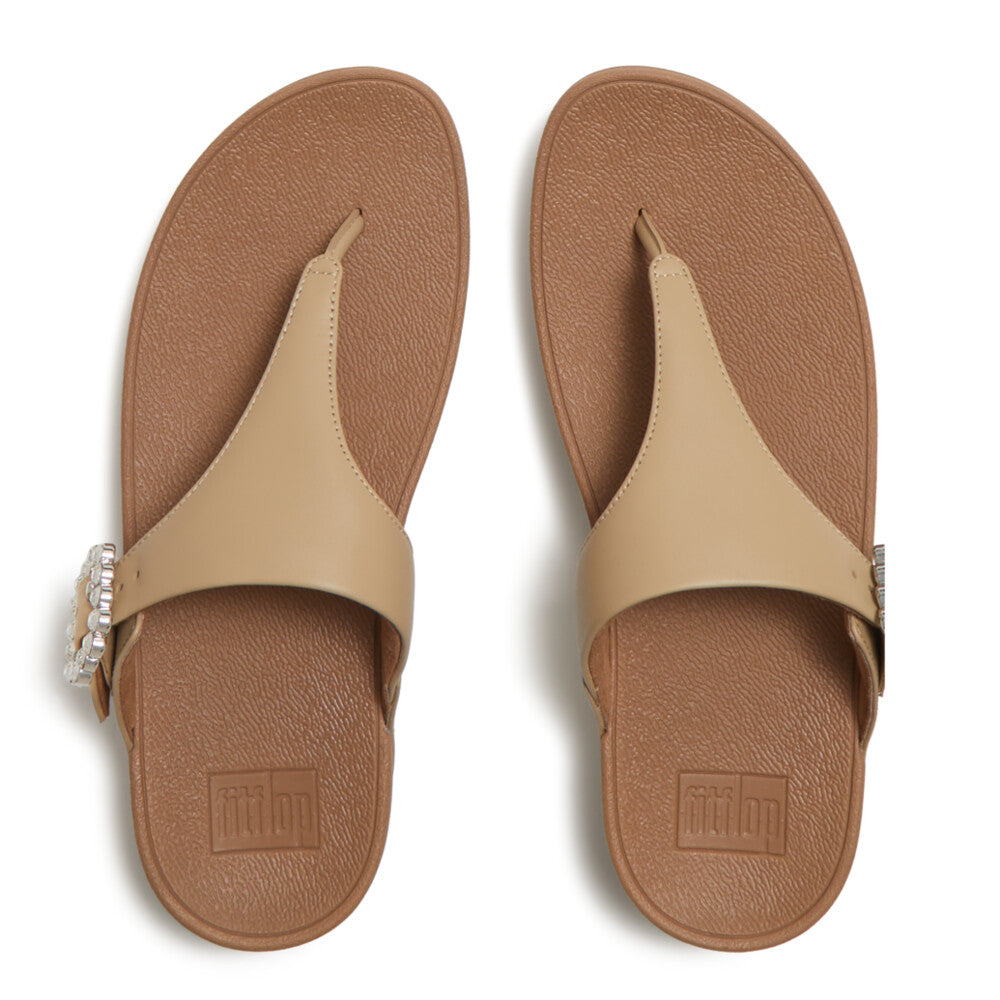 LULU CRYSTAL-BUCKLE LEATHER TOE-POST SANDALS