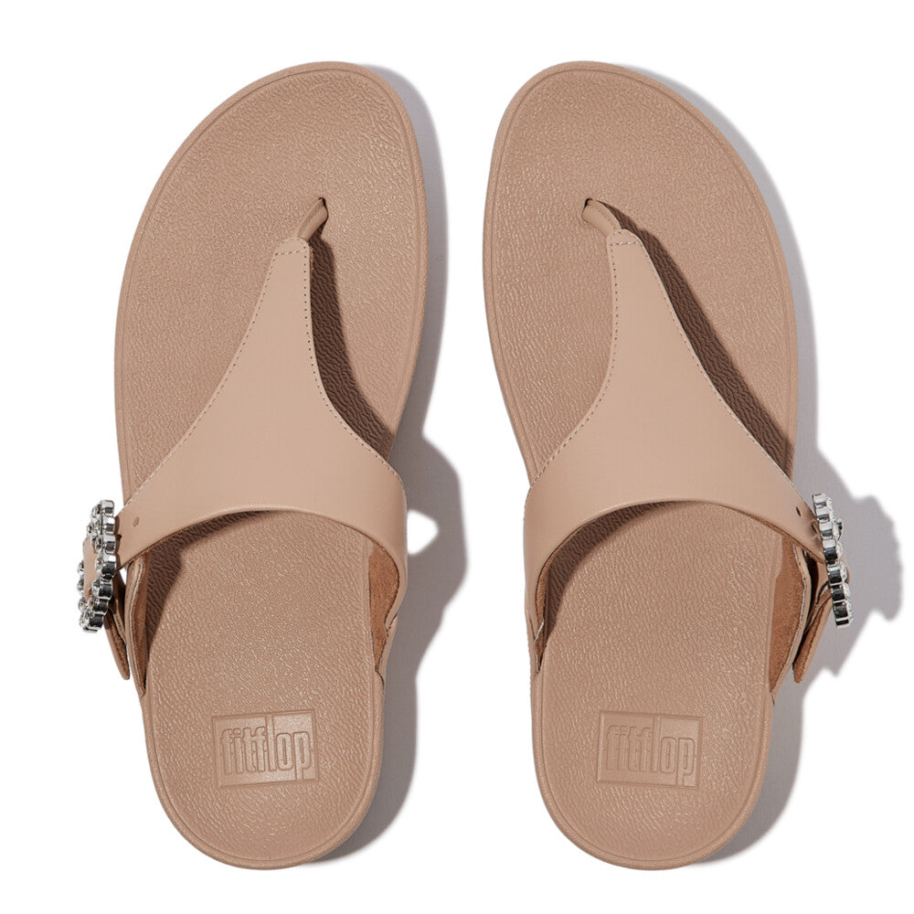 LULU CRYSTAL-BUCKLE LEATHER TOE-POST SANDALS