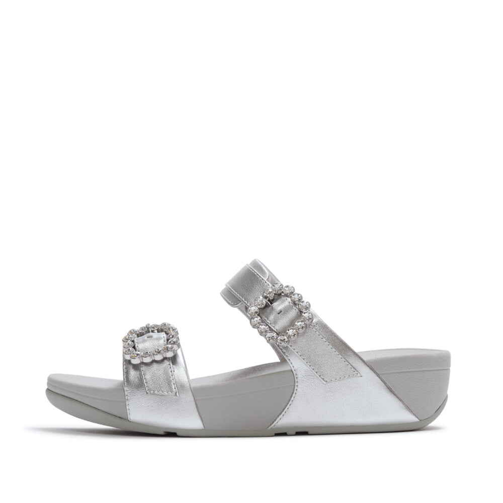 LULU CRYSTAL-BUCKLE LEATHER SLIDES
