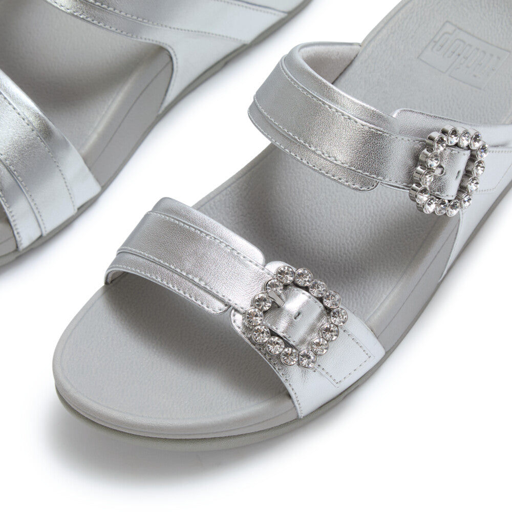 LULU CRYSTAL-BUCKLE LEATHER SLIDES