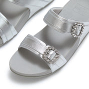 LULU CRYSTAL-BUCKLE LEATHER SLIDES
