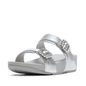 LULU CRYSTAL-BUCKLE LEATHER SLIDES