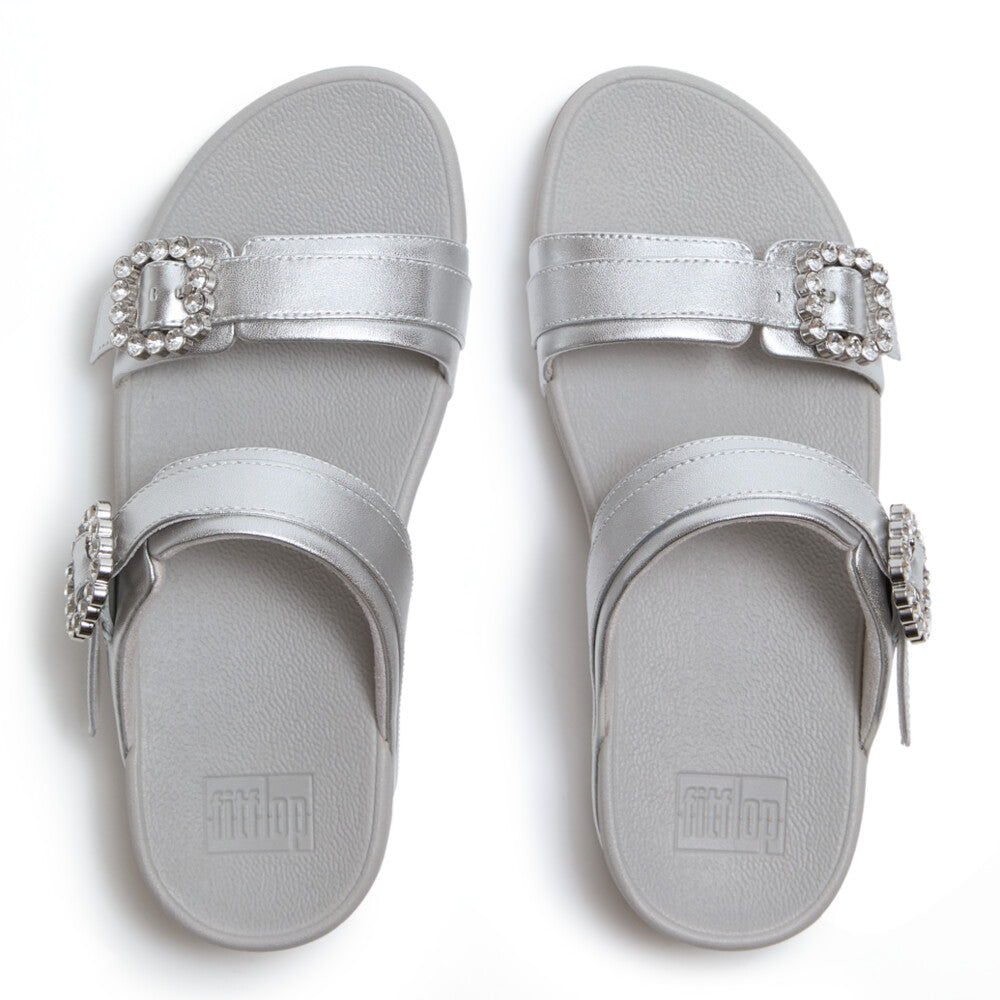 LULU CRYSTAL-BUCKLE LEATHER SLIDES