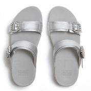 LULU CRYSTAL-BUCKLE LEATHER SLIDES