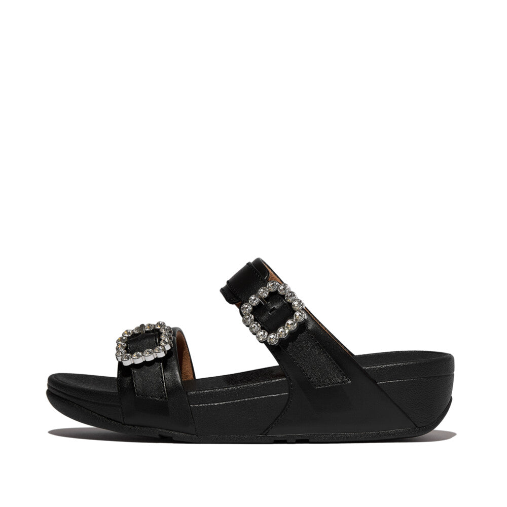LULU CRYSTAL-BUCKLE LEATHER SLIDES