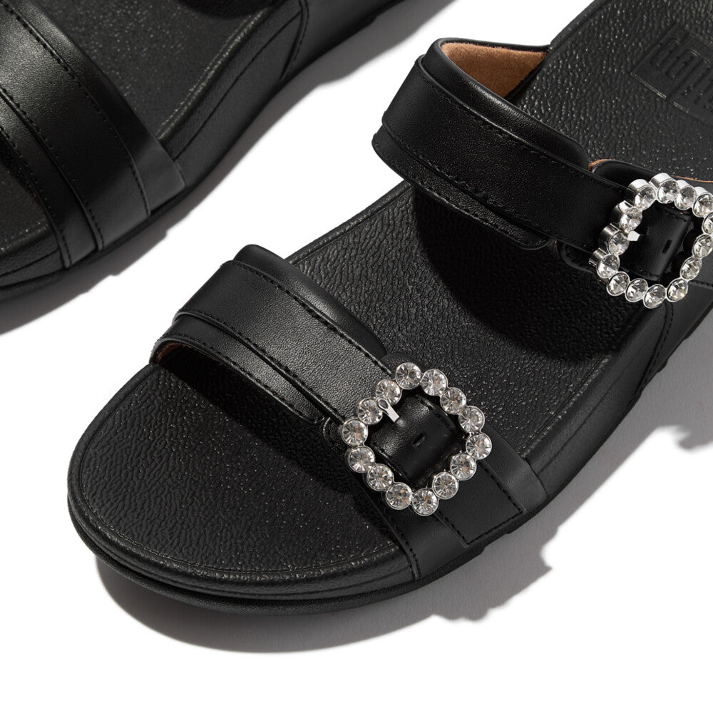 LULU CRYSTAL-BUCKLE LEATHER SLIDES