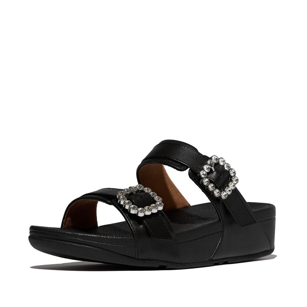 LULU CRYSTAL-BUCKLE LEATHER SLIDES