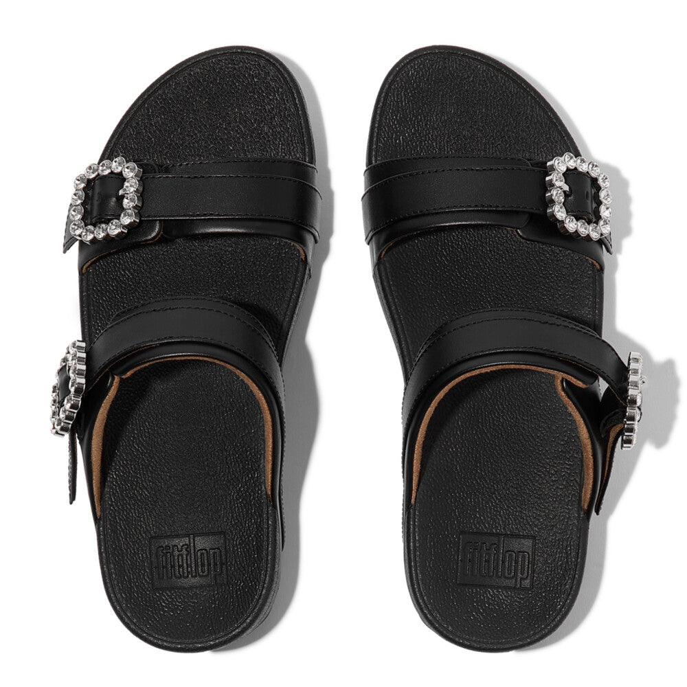 LULU CRYSTAL-BUCKLE LEATHER SLIDES