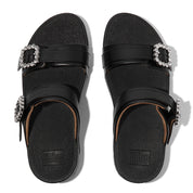 LULU CRYSTAL-BUCKLE LEATHER SLIDES