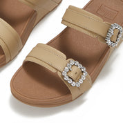 LULU CRYSTAL-BUCKLE LEATHER SLIDES