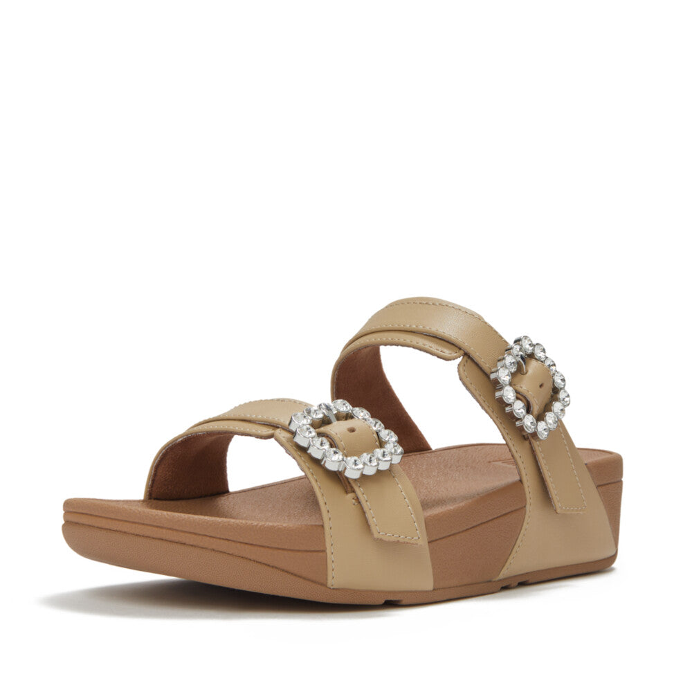 LULU CRYSTAL-BUCKLE LEATHER SLIDES