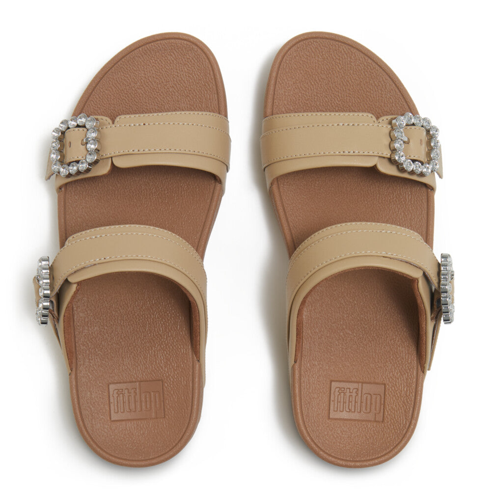 LULU CRYSTAL-BUCKLE LEATHER SLIDES