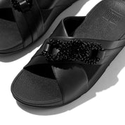 LULU BEADED-CHAIN LEATHER CROSS SLIDES