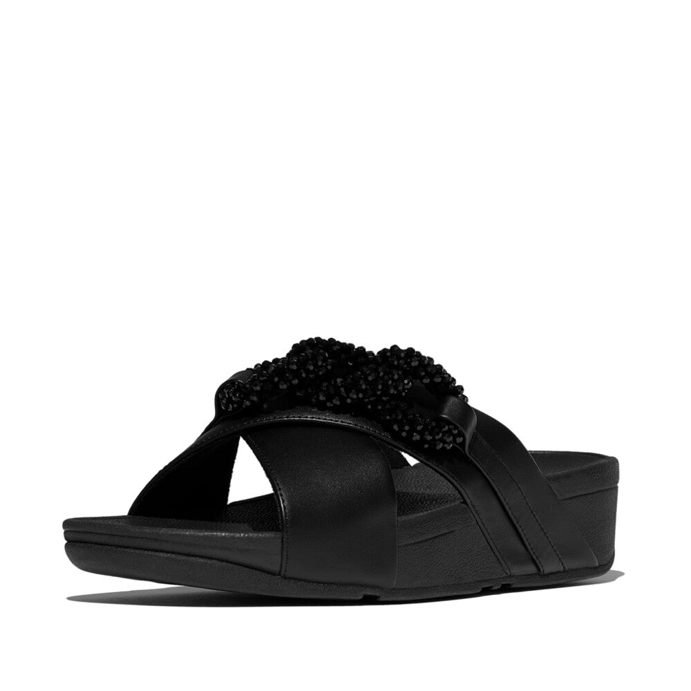 LULU BEADED-CHAIN LEATHER CROSS SLIDES