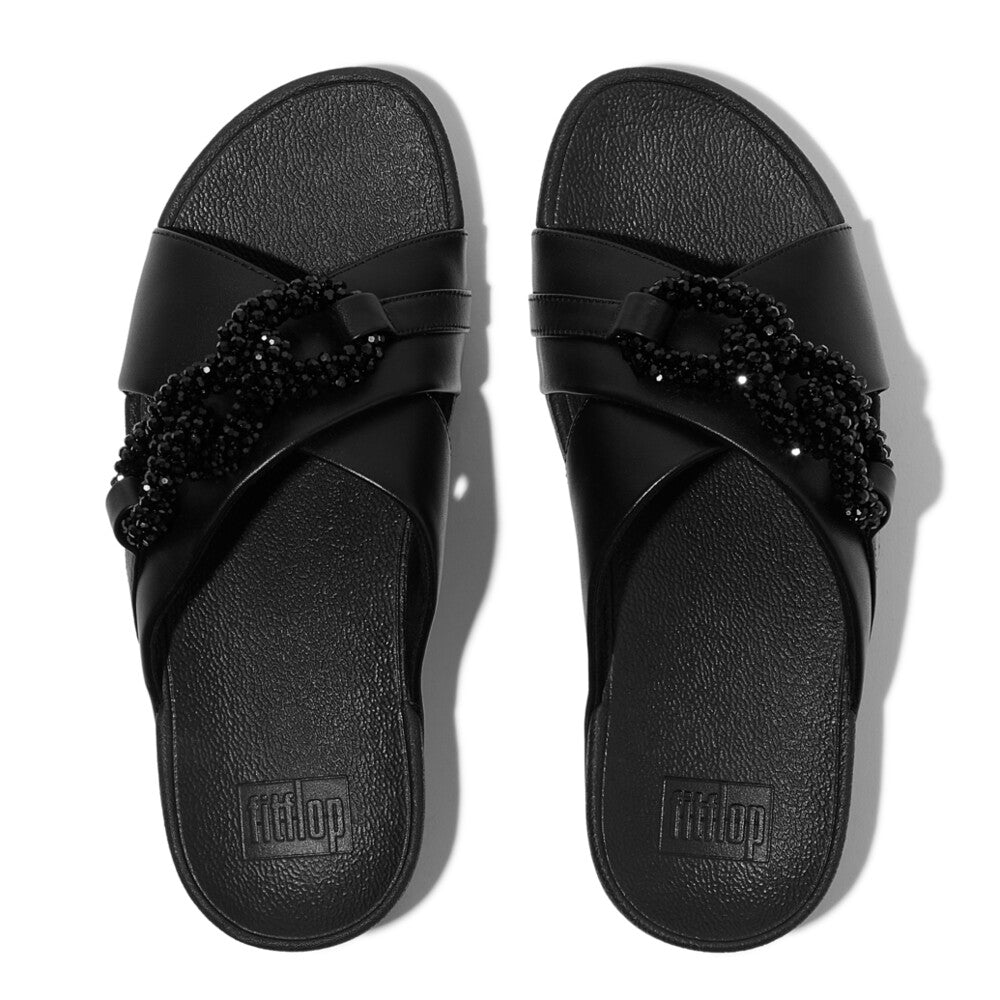 LULU BEADED-CHAIN LEATHER CROSS SLIDES