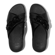 LULU BEADED-CHAIN LEATHER CROSS SLIDES