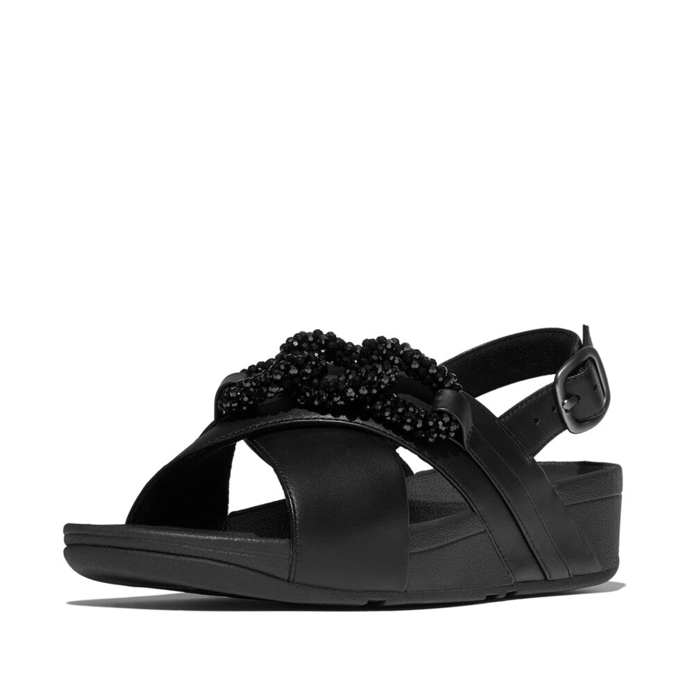 LULU BEADED-CHAIN LEATHER BACK-STRAP SANDALS