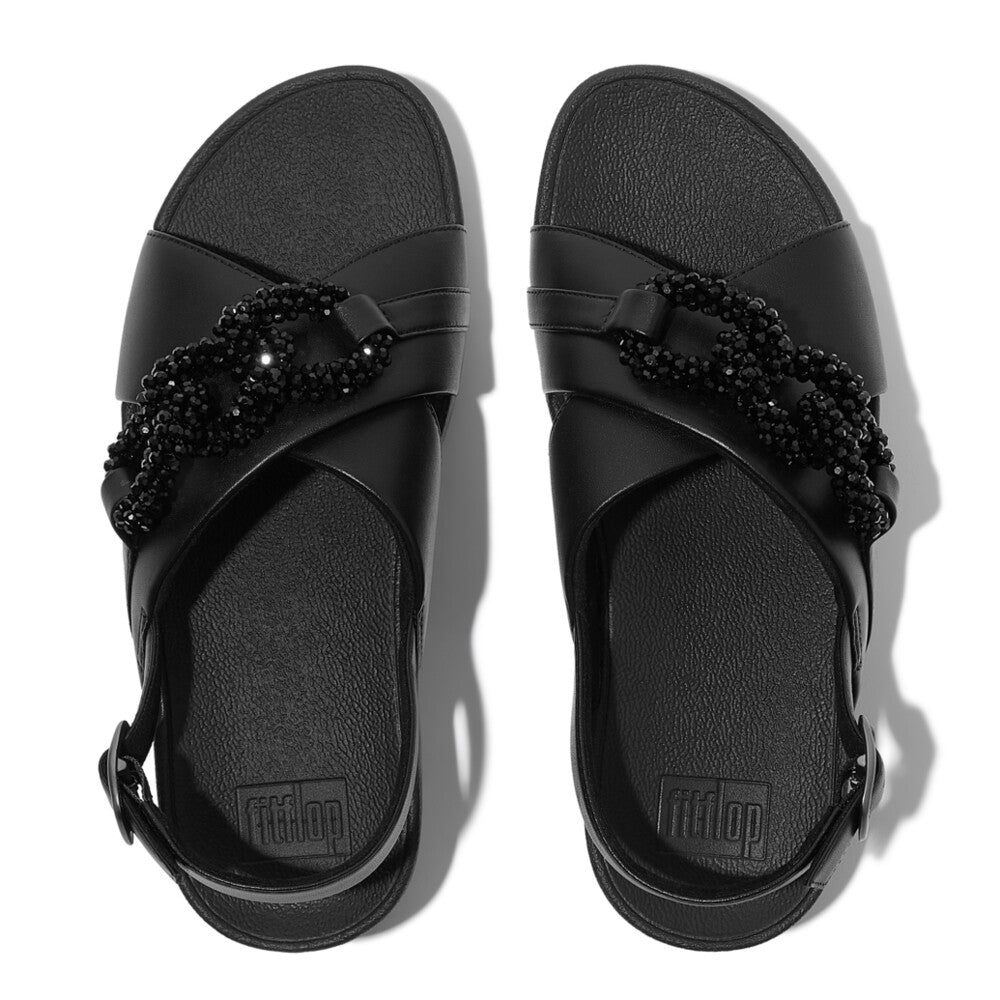 LULU BEADED-CHAIN LEATHER BACK-STRAP SANDALS