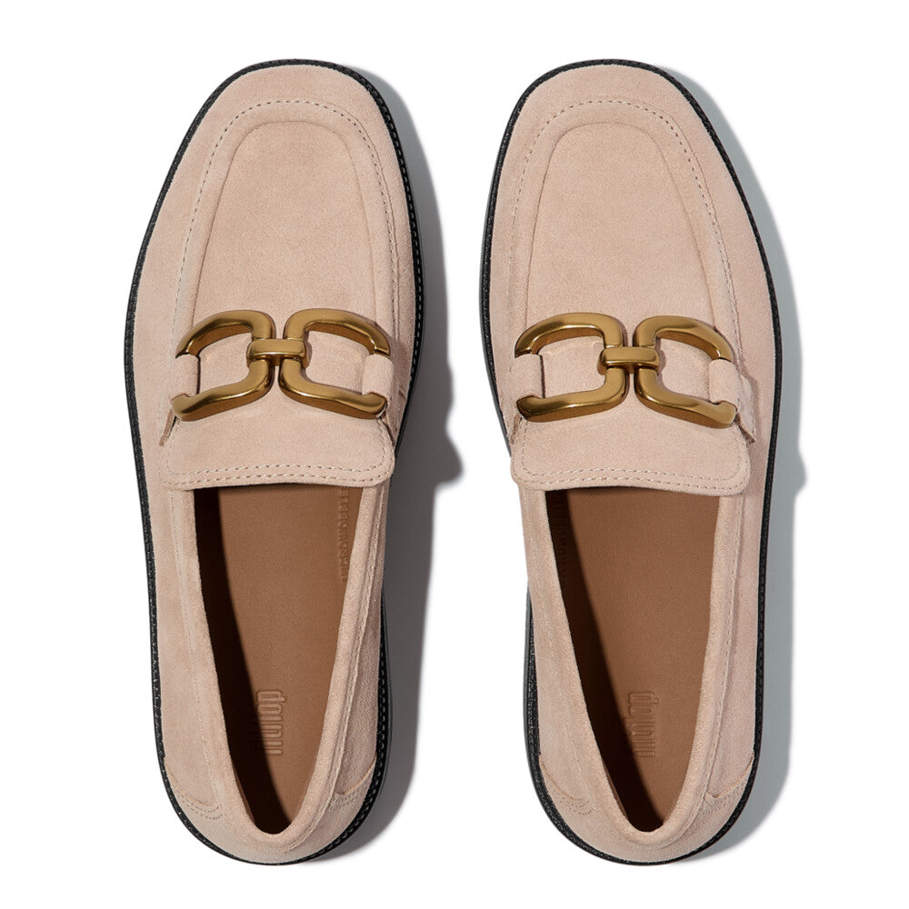 F-LUMA SQUARE-CHAIN SUEDE DEMI-WEDGE LOAFERS