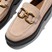 F-LUMA SQUARE-CHAIN SUEDE DEMI-WEDGE LOAFERS