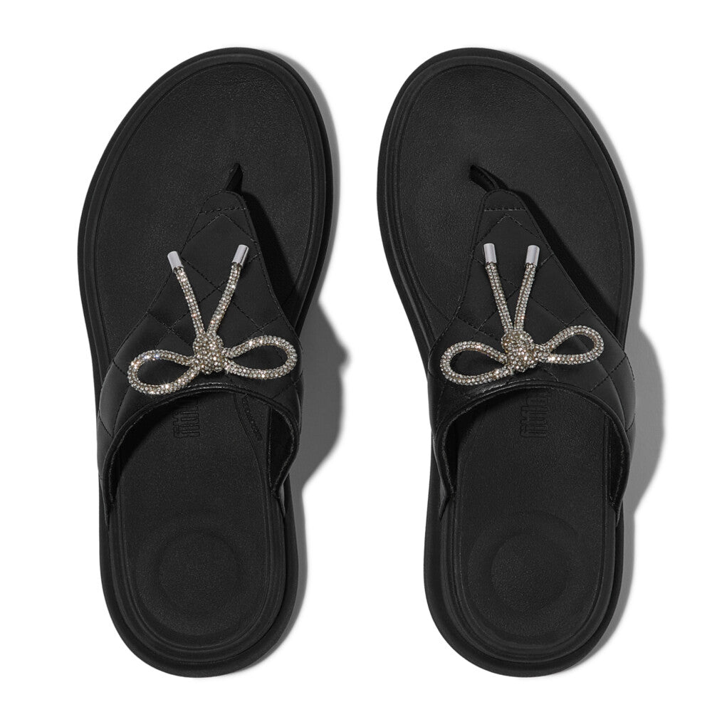 F-MODE GO CRYSTAL-BOW QUILTED TOE-POST SANDALS - ALL BLACK (E1N-090)