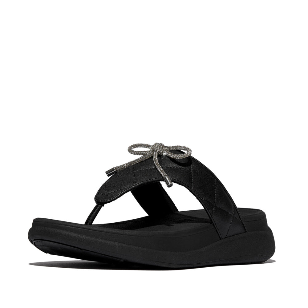 F-MODE GO CRYSTAL-BOW QUILTED TOE-POST SANDALS - ALL BLACK (E1N-090)