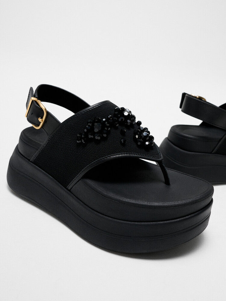 F-MODE STACK BEADED BACK-STRAP TOE-POST SANDALS - BLACK (E2I-001)