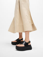 F-MODE STACK LEATHER BACK-STRAP TOE-POST SANDALS - BLACK (E2G-001)