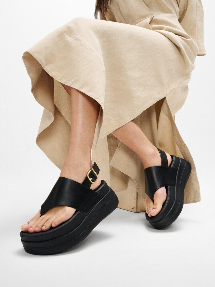 F-MODE STACK LEATHER BACK-STRAP TOE-POST SANDALS - BLACK (E2G-001)