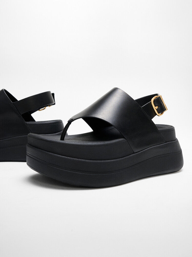 F-MODE STACK LEATHER BACK-STRAP TOE-POST SANDALS - BLACK (E2G-001)