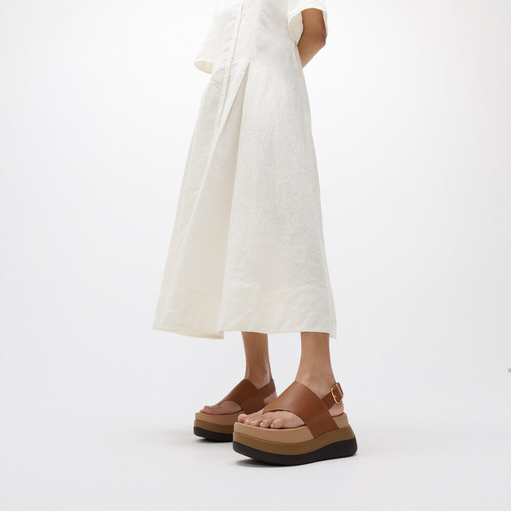 F-MODE STACK LEATHER BACK-STRAP TOE-POST SANDALS - DEEP TAN (E2G-C15)