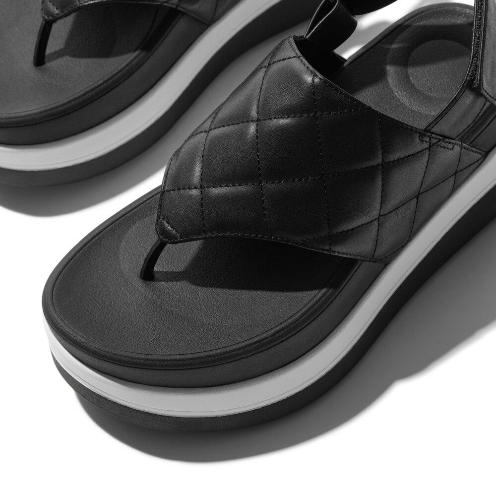 F-MODE STACK QUILTED-LEATHER BACK-STRAP TOE-POST SANDALS - BLACK (E4M-001)