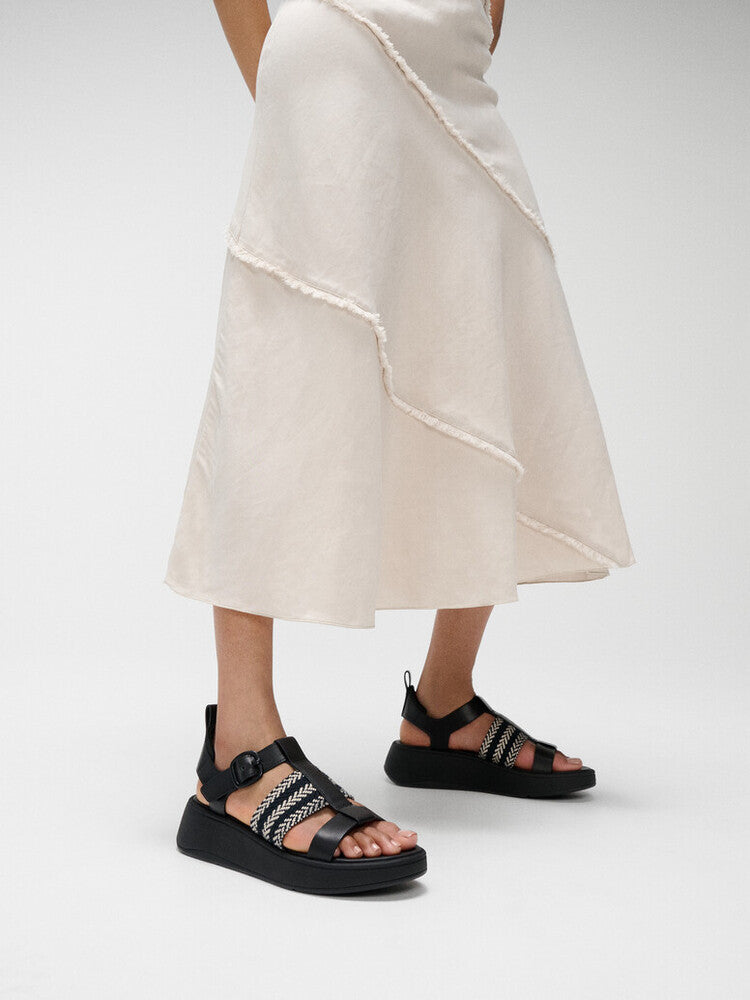 F-MODE V-WEAVE/LEATHER FISHERMAN SANDALS -BLACK MIX (E4V-231)