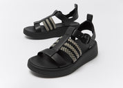 F-MODE V-WEAVE/LEATHER FISHERMAN SANDALS -BLACK MIX (E4V-231)
